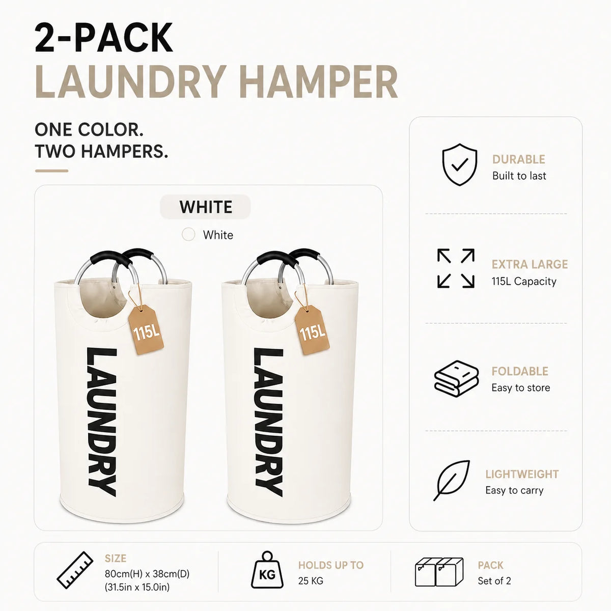 2 Pack 115L Extra Large Laundry Hamper, Foldable Laundry Basket with Soft Padded Handles, Freestanding Collapsible Laundry Bag for Clothes Storage, Bedroom, Bathroom, Dorm & Laundry Room