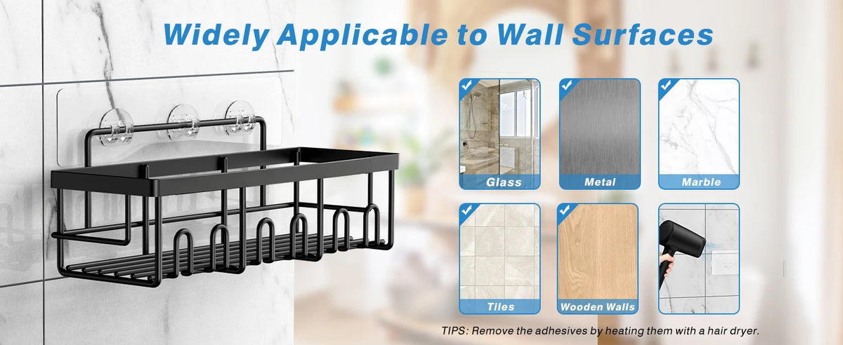 Shower Caddy Organizer, 5-Pack Adhesive Rustproof Stainless Steel Shower Shelves with Soap Holder, No Drilling Shower Storage Rack for Family Renters Bathroom, Black