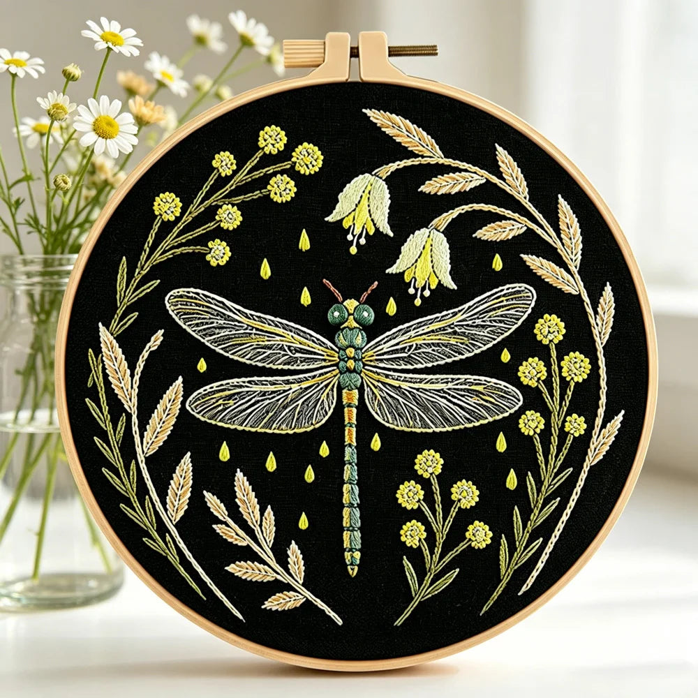 Dragonfly Butterfly Bee Insect with Flower Embroidery Kit with EN Instructions,Thread,Stamped Cloth with Pattern for DIY Gift