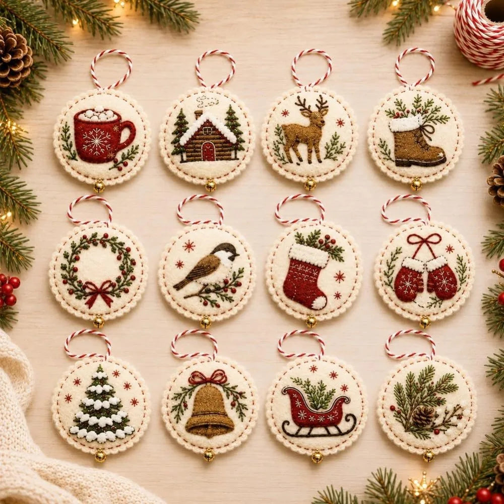 Round DIY Felt Embroidered Christmas Ornament Kit Beginner-friendly Pre-cut Felt Christmas Embroidery Craft Kit with Guidance
