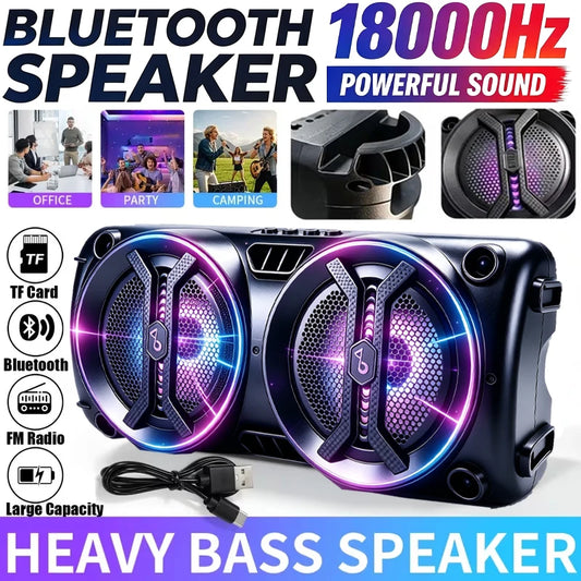 Portable wireless Bluetooth speaker with  multi-mode colorful lights. Supports TF card, USB Type-C port and FM radio. Suitable for parties, outdoor camping, square dancing and other occasions. A lovely gift.