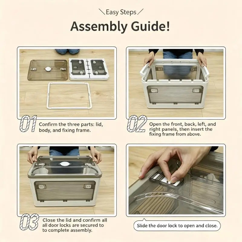 Plastic Storage Box with Lid, Foldable with Wheels, Five-Opening Door, Stackable, Used for Organizing Clothes, Snacks, and Camping, White and Light Yellow