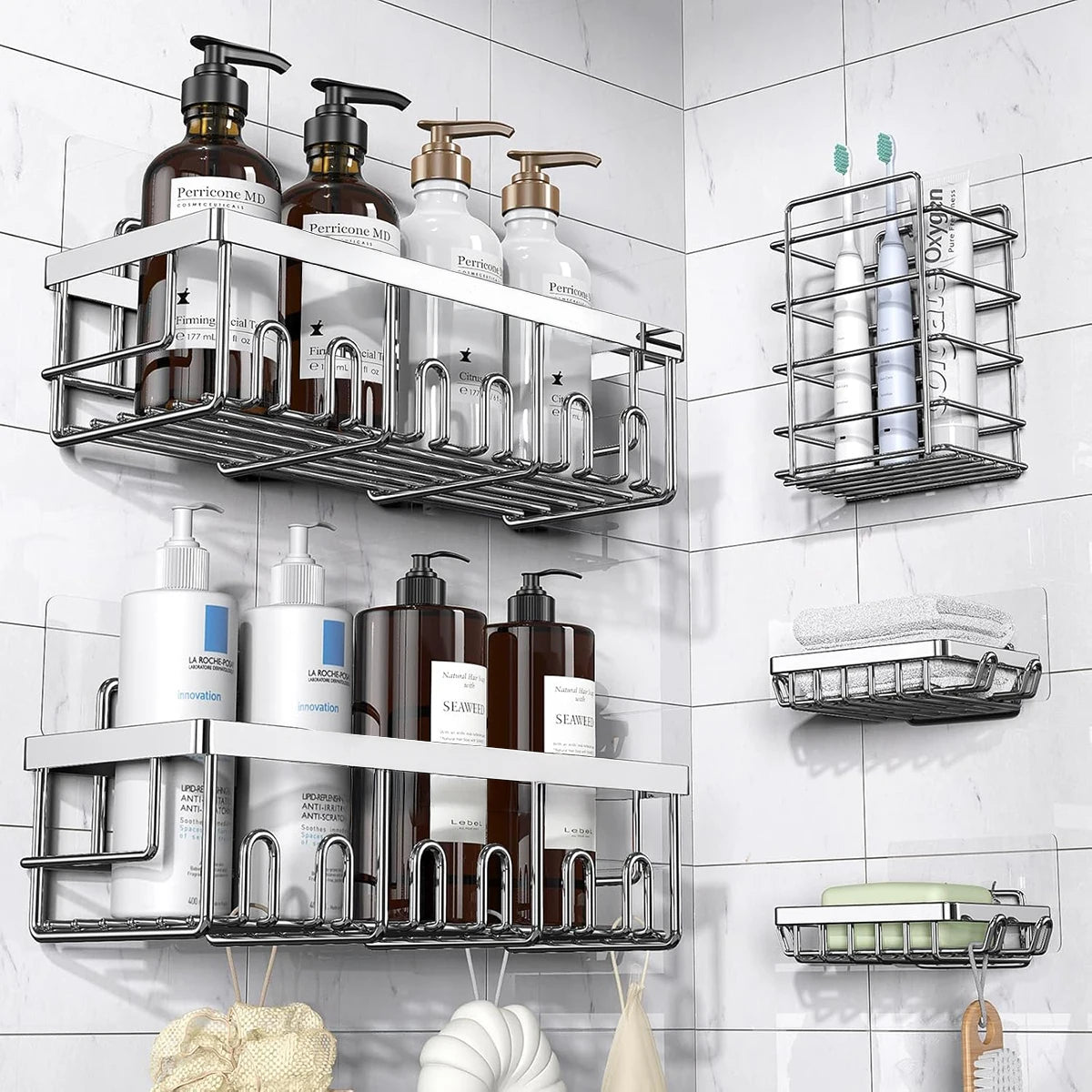 Shower Caddy Organizer, 5-Pack Adhesive Rustproof Stainless Steel Shower Shelves with Soap Holder, No Drilling Shower Storage Rack for Family Renters Bathroom, Black