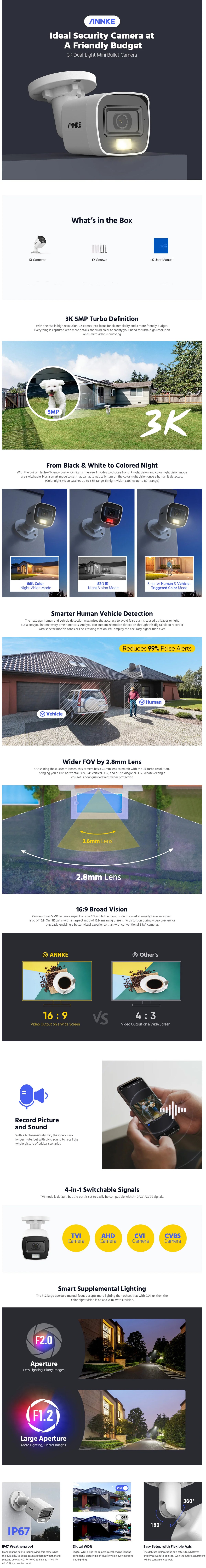 ANNKE 5MP Smart Light Video Surveillance Cameras 5MP Bullet Cameras Audio Recording Outdoor Weatherproof Security Cameras