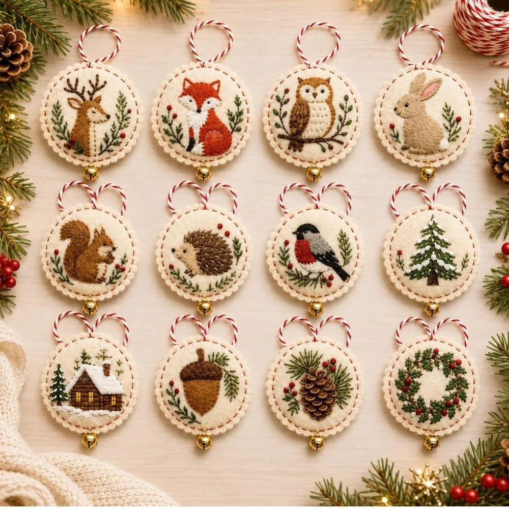Round DIY Felt Embroidered Christmas Ornament Kit Beginner-friendly Pre-cut Felt Christmas Embroidery Craft Kit with Guidance