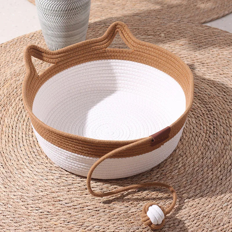 35/40/46cm Handwoven Cotton Rope Cat Basket Bed with Cat Ear Handles Ball Toy Indoor Cat Nest Sleeping Basket