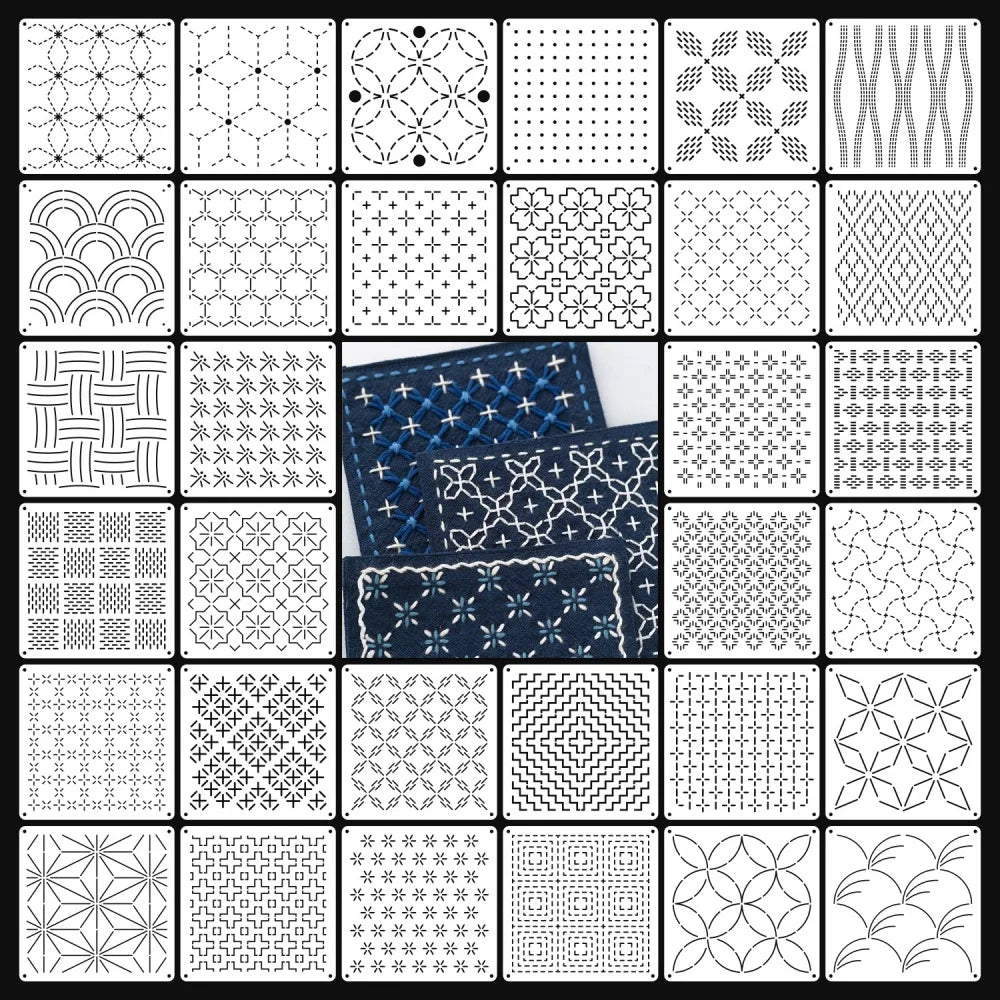 8/9/24/32Pcs Sashiko Embroidery Templates DIY Embroidery Patterns Geometric Line Quilting Template Reusable Sewing Stencils