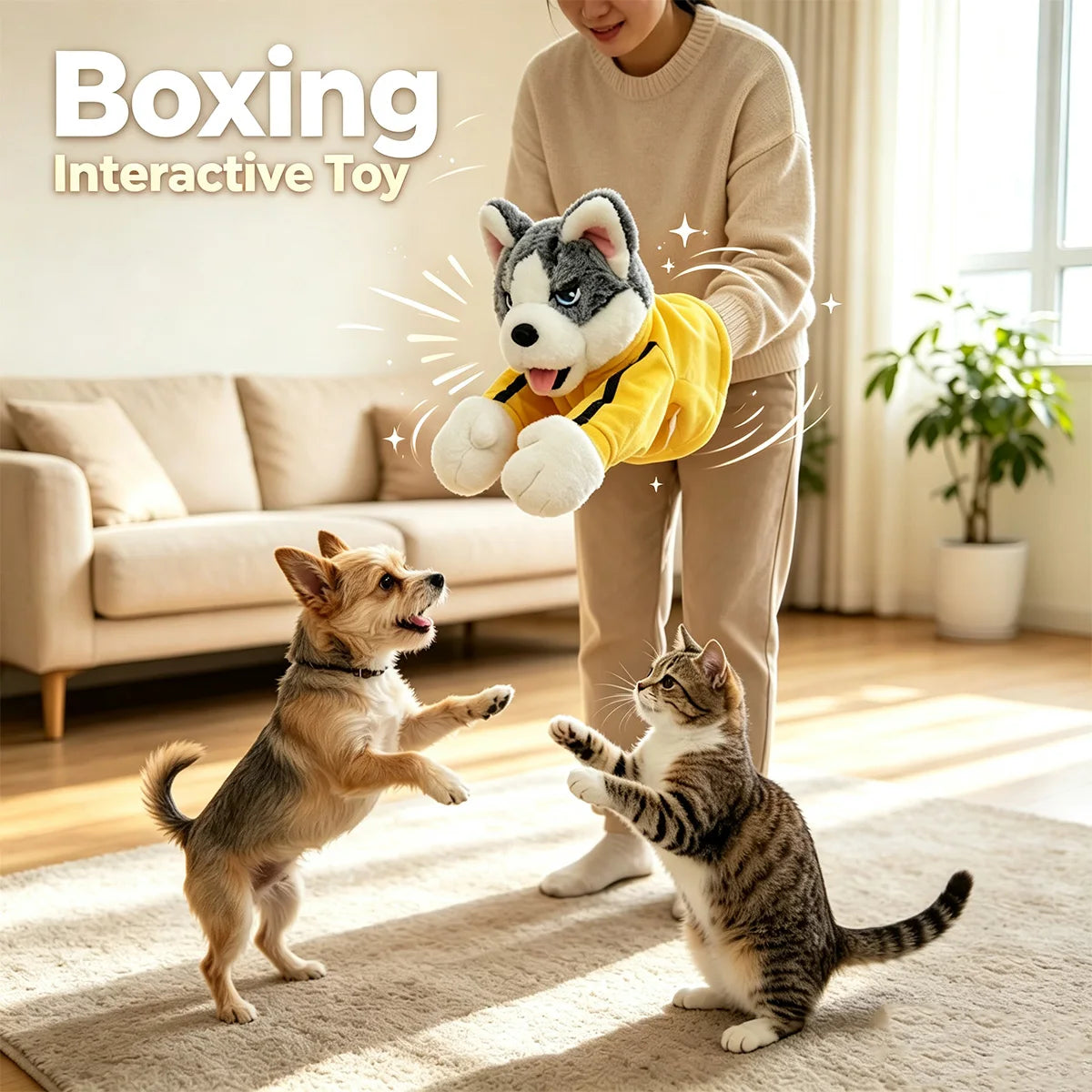 Boxing Interactive Toy Husky Glove Doll Interactive Puppy Plush Toy with Sound Effects Funny Cat Toys for All Cats Dogs and Kids