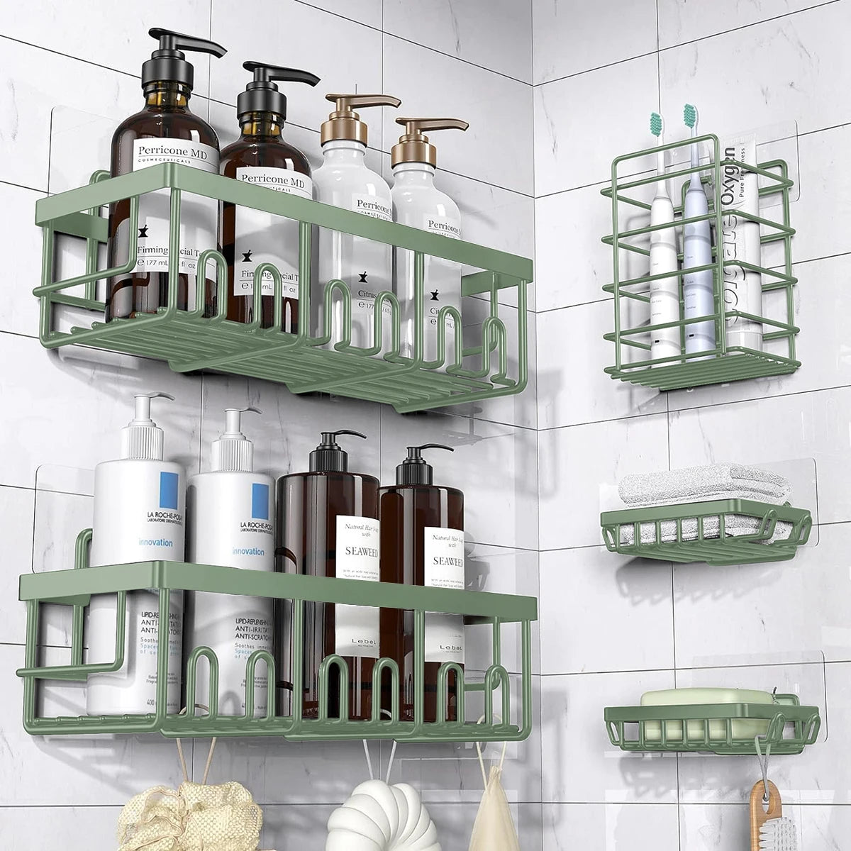Shower Caddy Organizer, 5-Pack Adhesive Rustproof Stainless Steel Shower Shelves with Soap Holder, No Drilling Shower Storage Rack for Family Renters Bathroom, Black