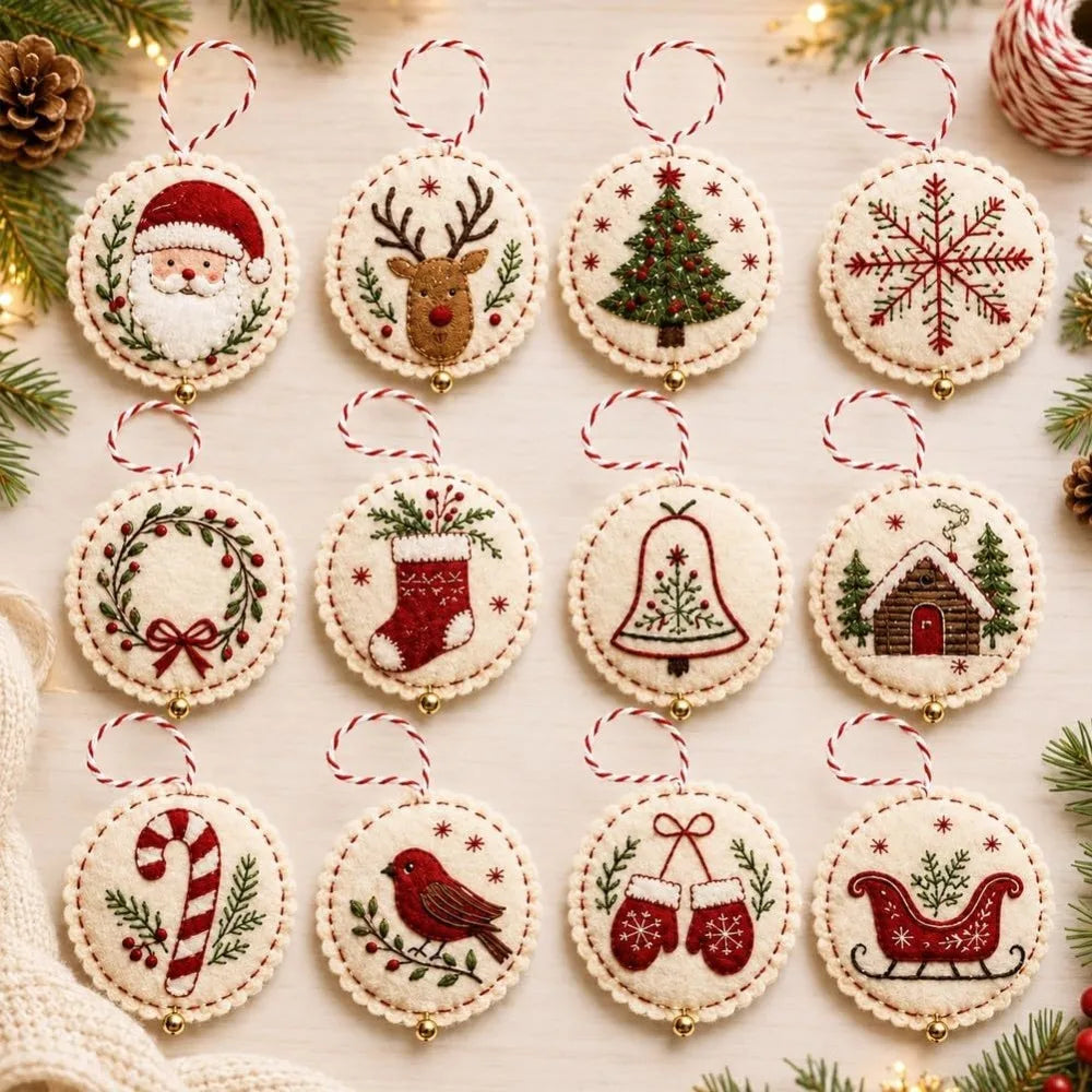 Round DIY Felt Embroidered Christmas Ornament Kit Beginner-friendly Pre-cut Felt Christmas Embroidery Craft Kit with Guidance