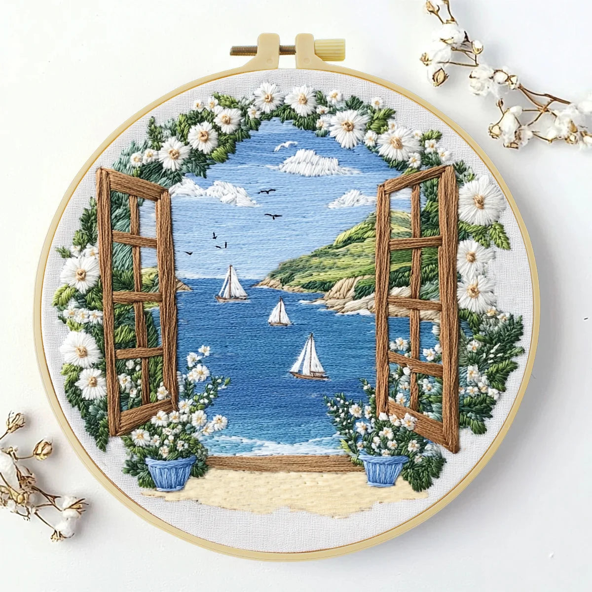 1pc 20X20CM/15X15CM 7.87/6.3inch Embroidery Starter Kit DIY Kit Home Decor, Seaside View, Embroidery Kit