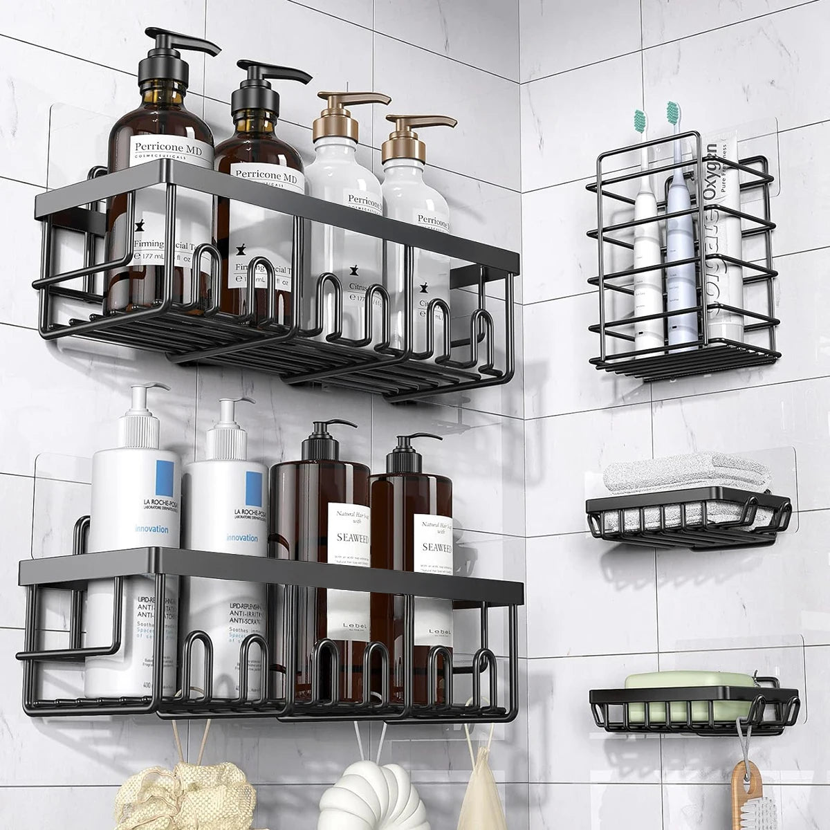 Shower Caddy Organizer, 5-Pack Adhesive Rustproof Stainless Steel Shower Shelves with Soap Holder, No Drilling Shower Storage Rack for Family Renters Bathroom, Black