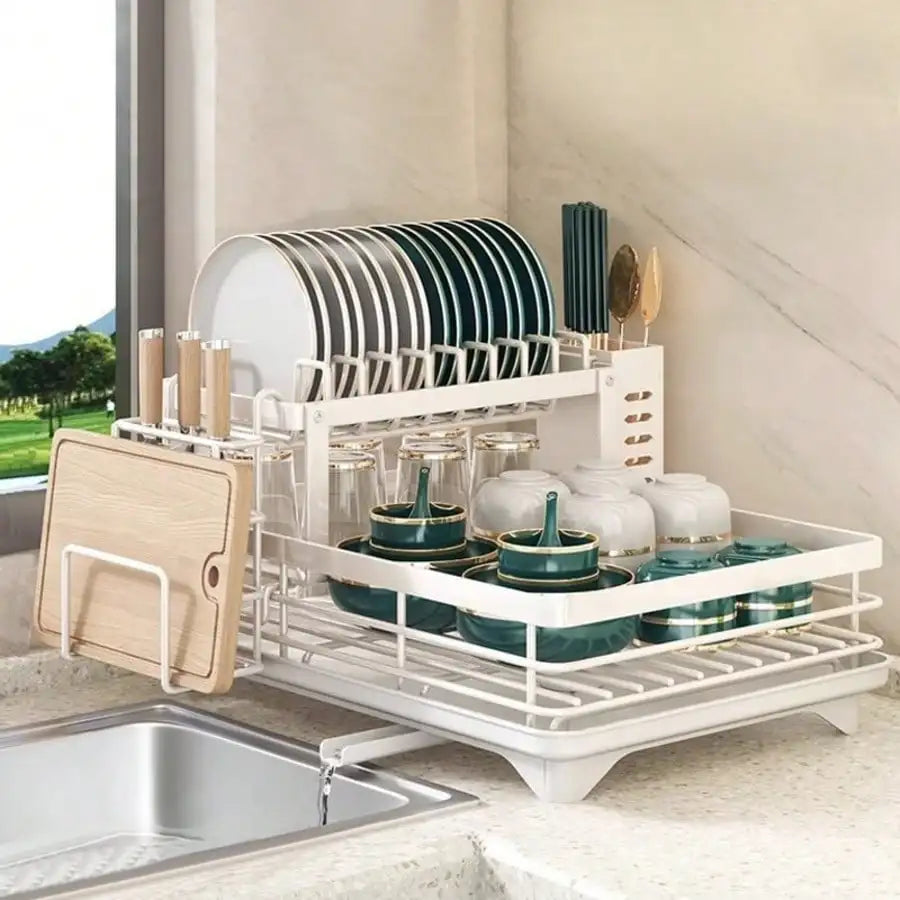 2 Tier Stainless Steel Dish Drying Rack with Drainboard, Large Rustproof Kitchen Counter Drainer for Bowls, Pans & Utensils, Detachable Water Drip Tray