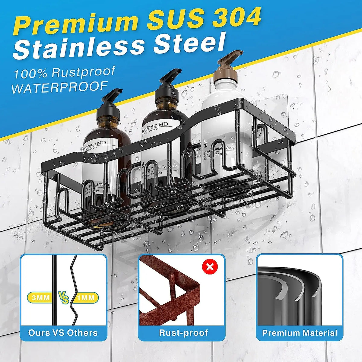 Shower Caddy Organizer, 5-Pack Adhesive Rustproof Stainless Steel Shower Shelves with Soap Holder, No Drilling Shower Storage Rack for Family Renters Bathroom, Black